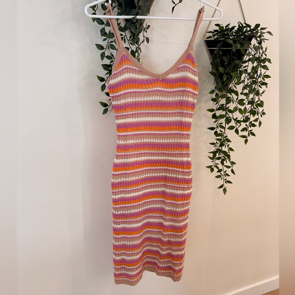 Striped Knit Spaghetti-Strap Dress in Pink, Orange & Cream